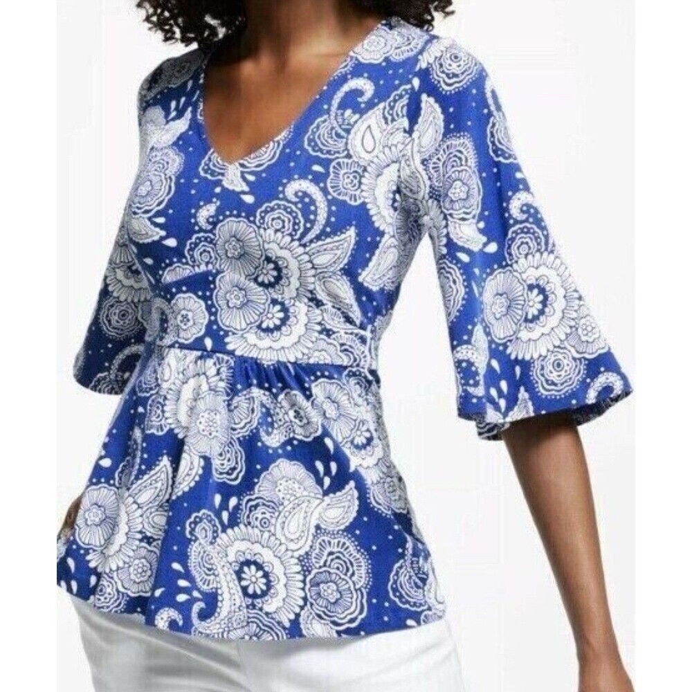 NWT Boden Louisa Top Paisley Print Blue & White Womens Size 6 Tunic Bell Sleeves